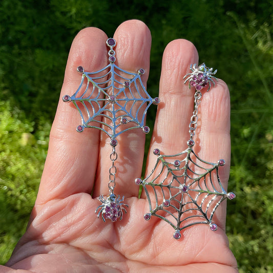 Sterling Silver Spider web sapphire Rhodolite dangle earrings