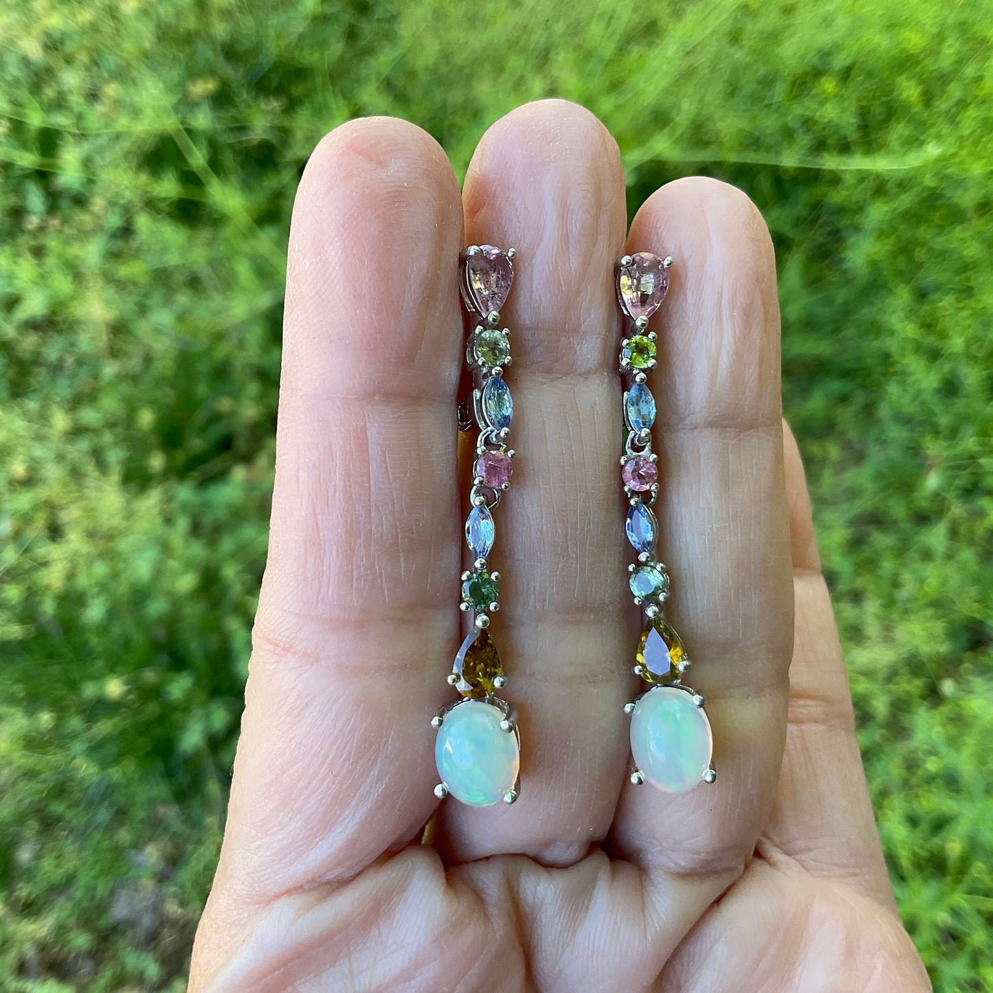 Sterling silver natural opal pink tourmaline fancy earrings