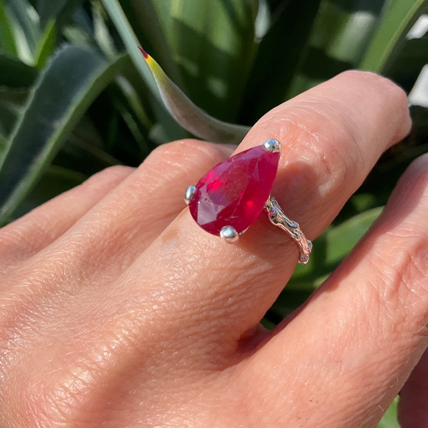 sterling silver ruby solitaire pear shape twig organic ring 6