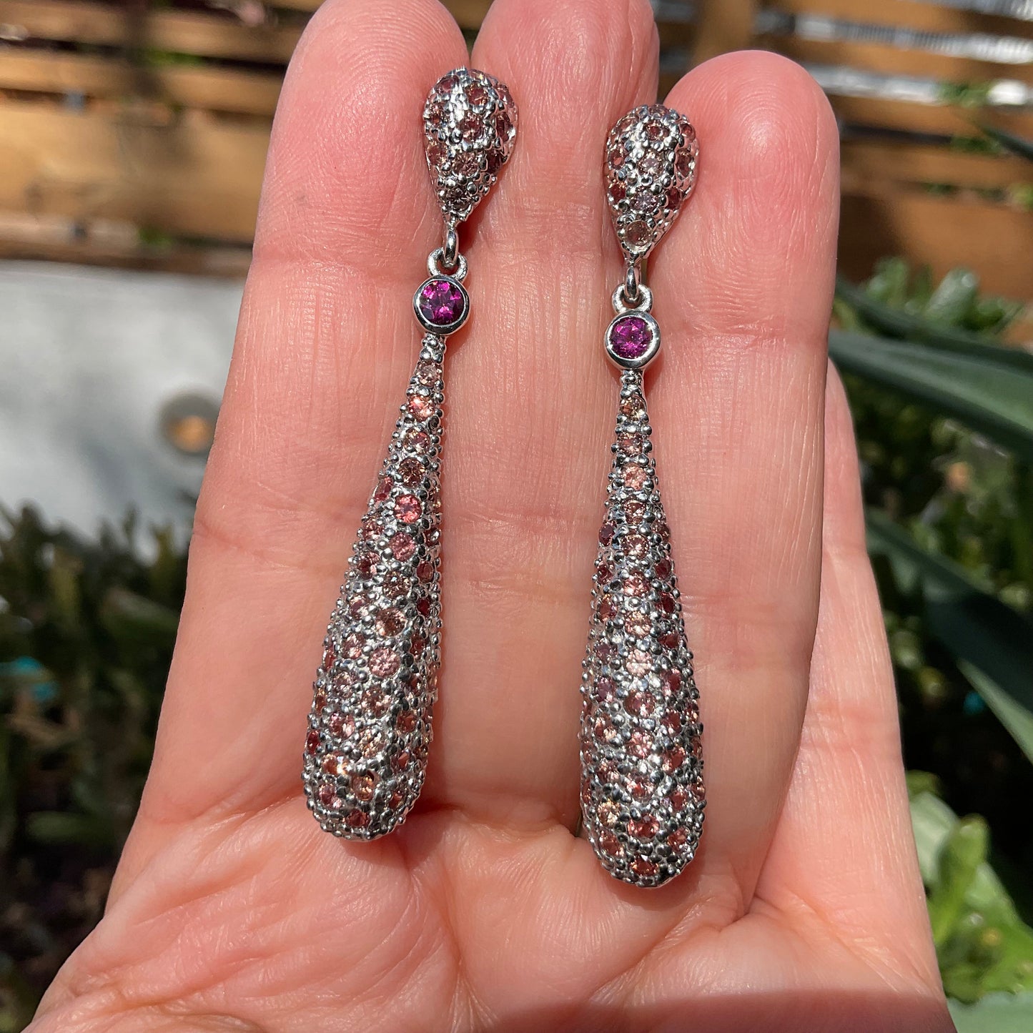 sterling silver Diamond Cut pink Sapphire dangle fancy earrings