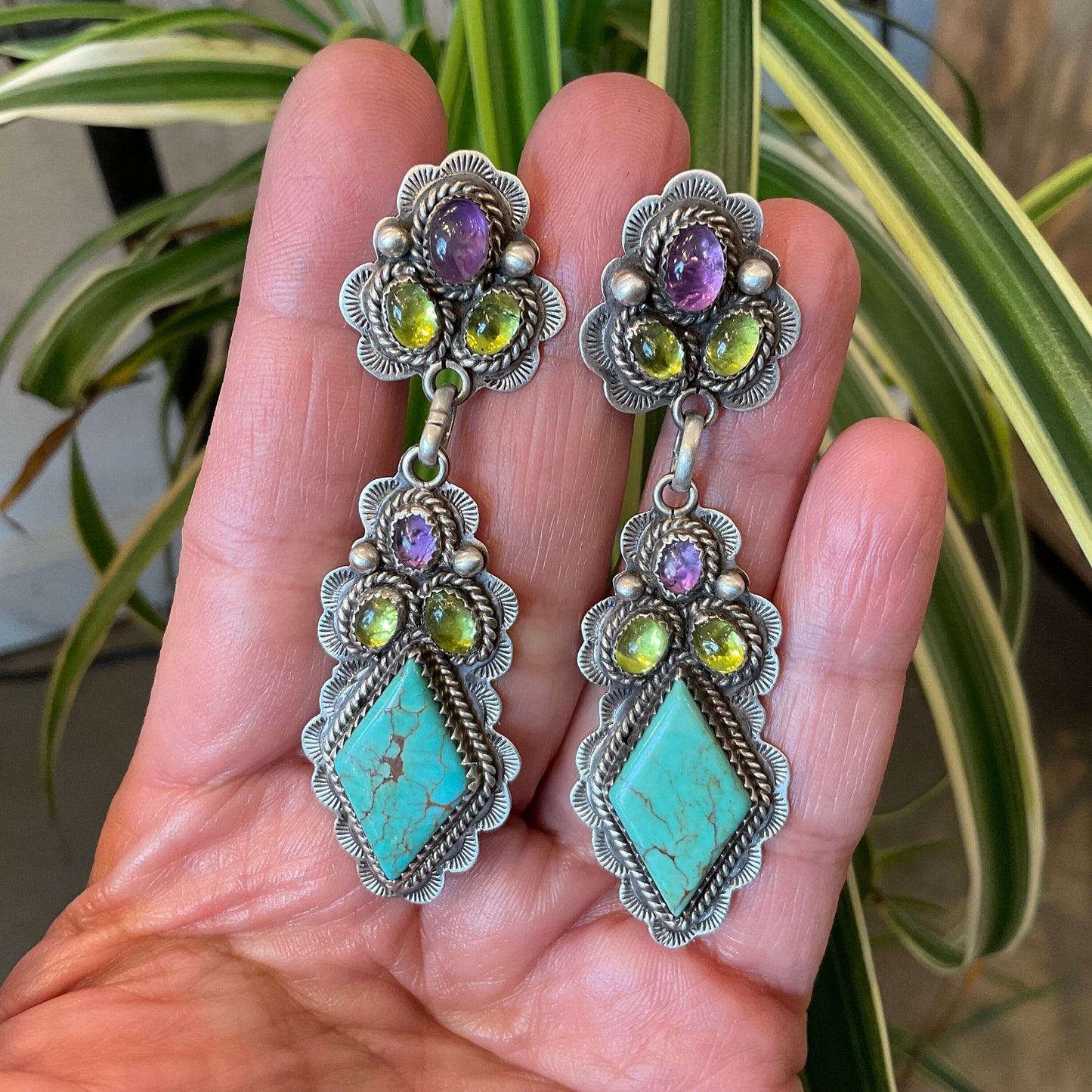 Sterling Silver Western turquoise amethyst  vintage statement earrings