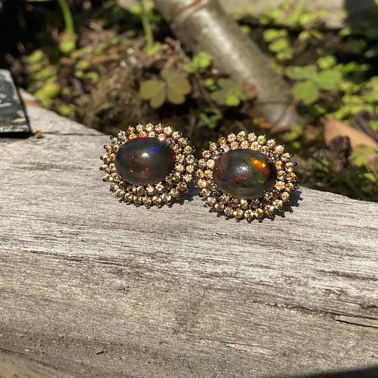 sterling silver Black natural opal golden yellow sapphire post earrings