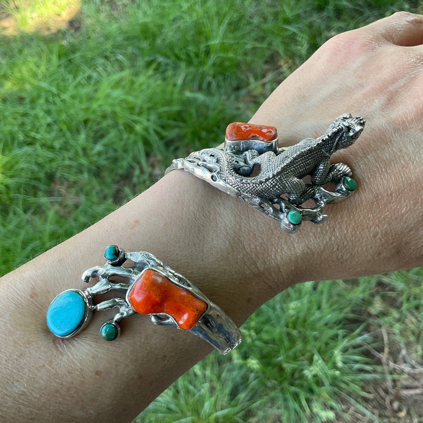 Turquoise Sterling Statement coral iguana twig cuff bracelet