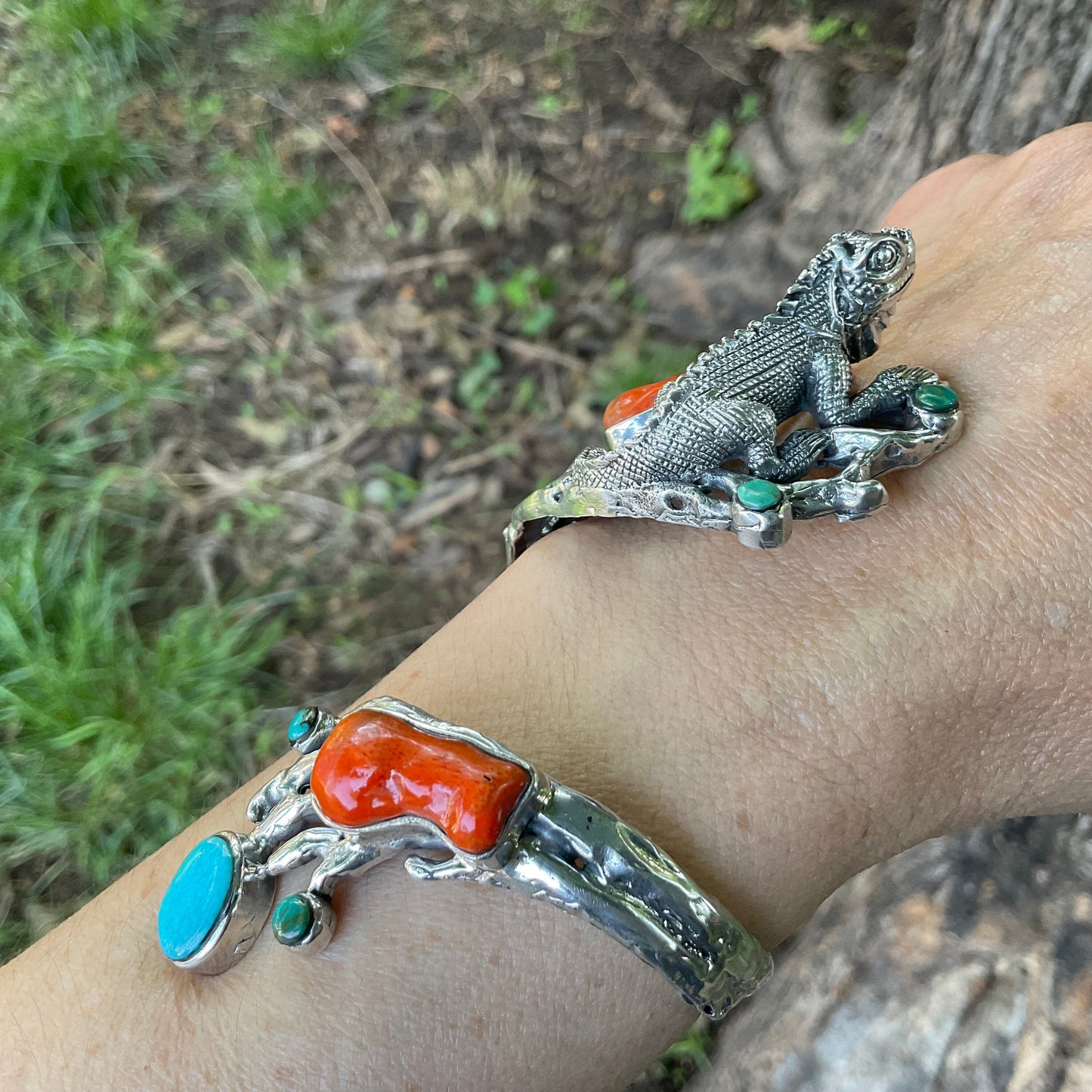 Turquoise Sterling Statement coral iguana twig cuff bracelet