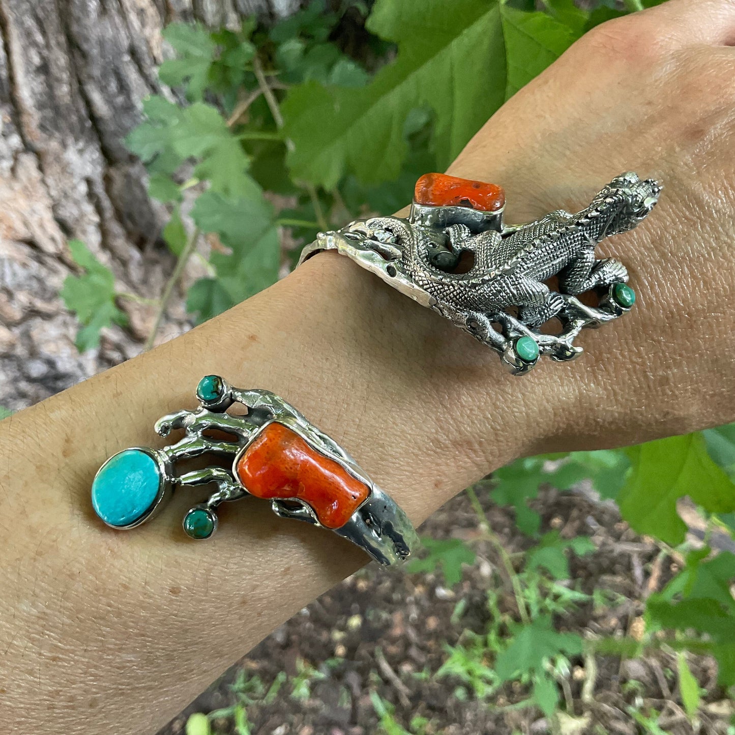 Turquoise Sterling Statement coral iguana twig cuff bracelet