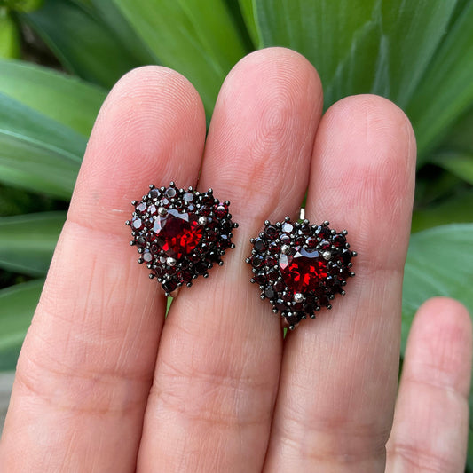 Sterling Silver Red garnet  heirloom Studs heart shape Earrings