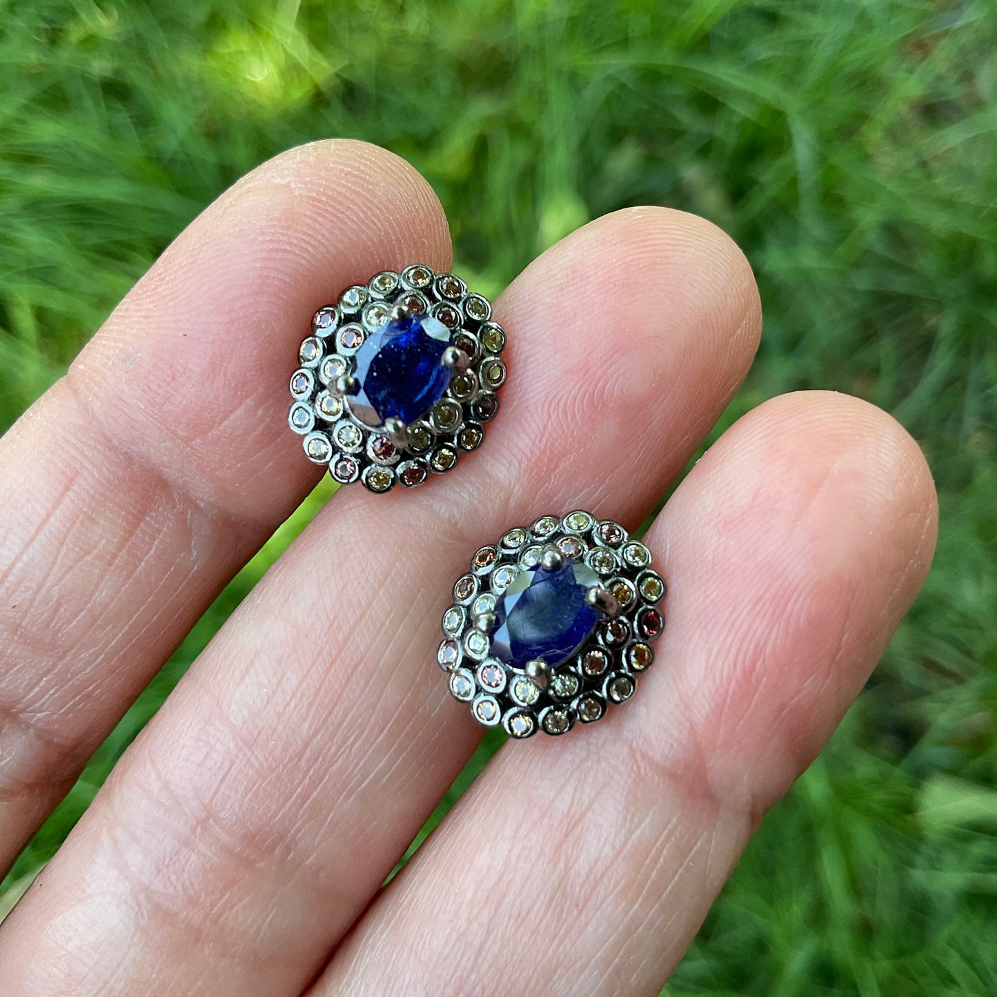sterling silver blue sapphire multi color Stud earrings