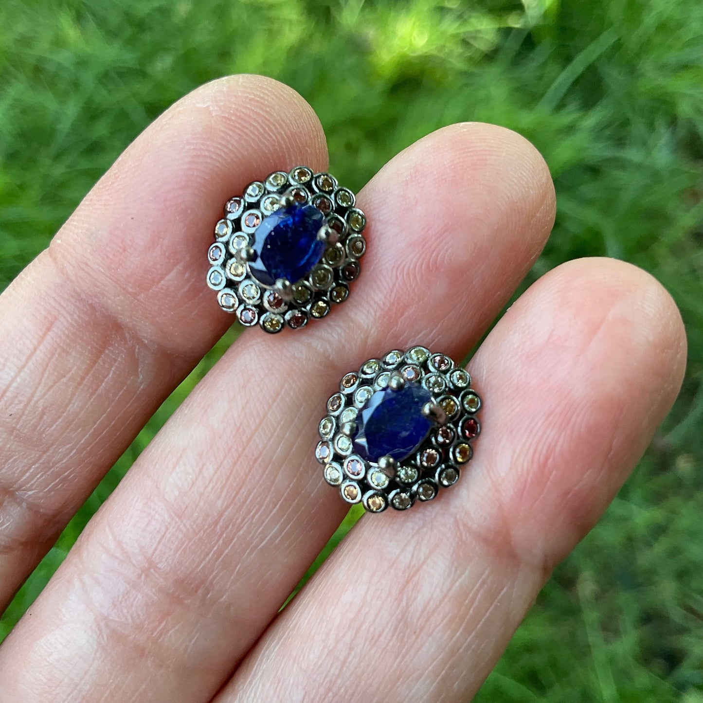 sterling silver blue sapphire multi color Stud earrings