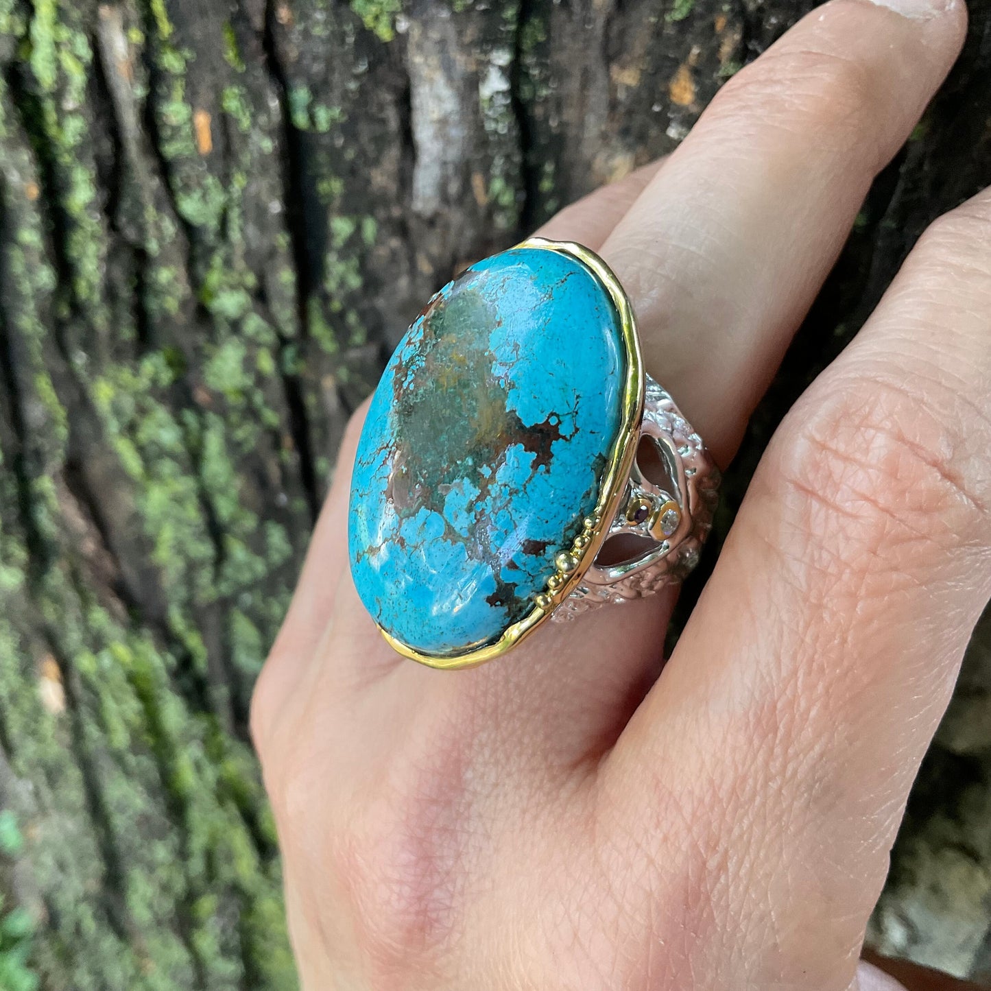 Sterling silver natural oval turquoise large statement ring 7