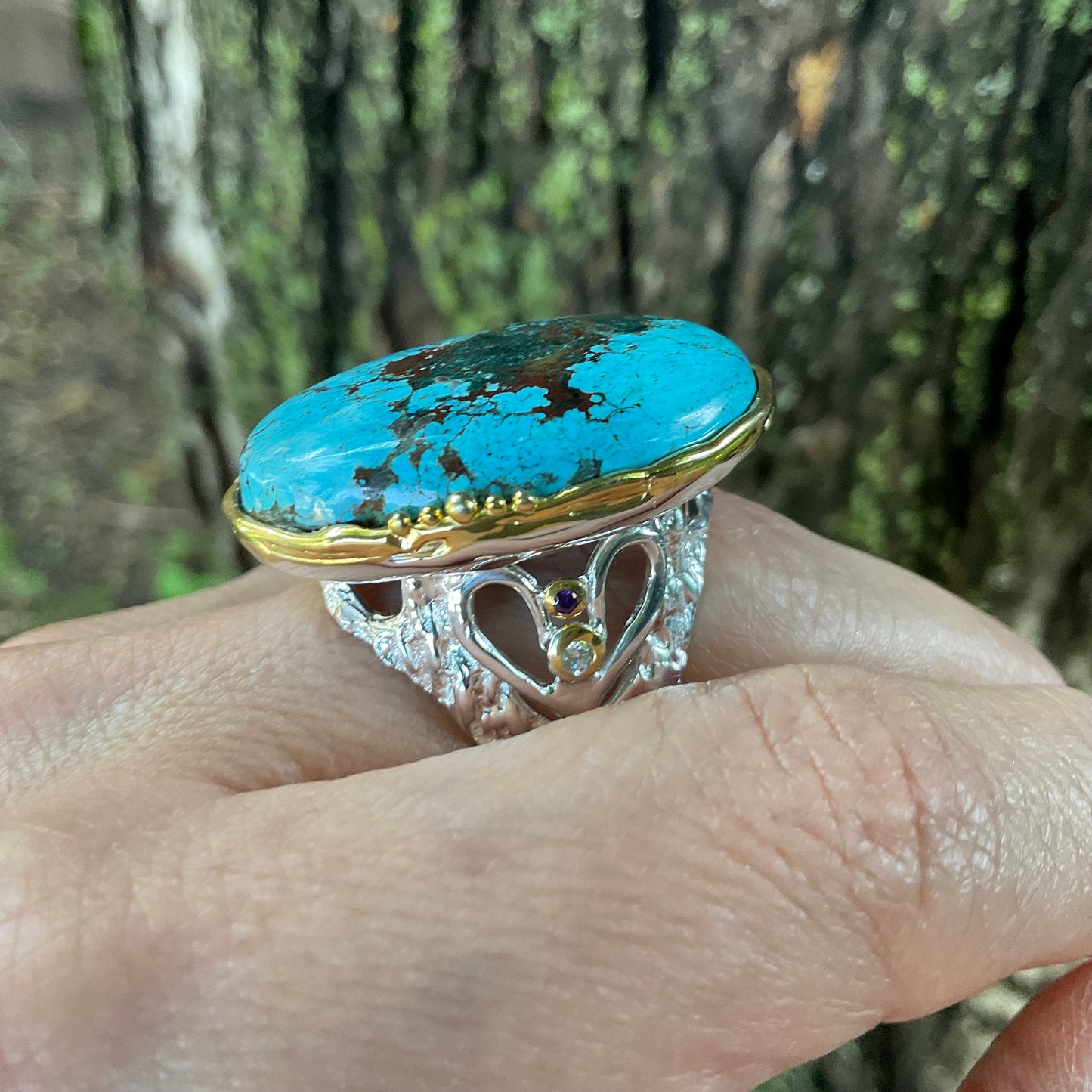 Sterling silver natural oval turquoise large statement ring 7
