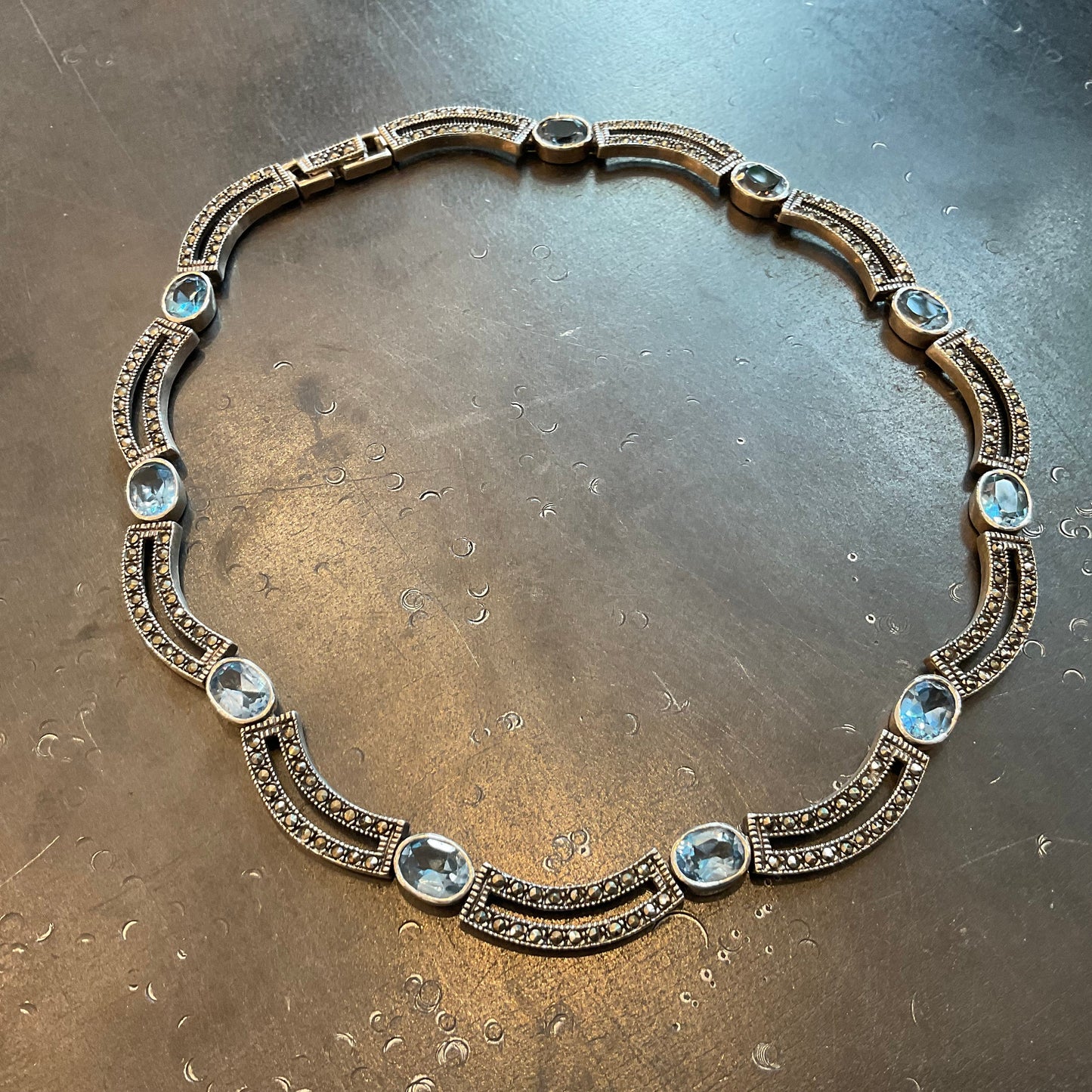 Sterling silver blue topaz vintage  marcasite collar necklace
