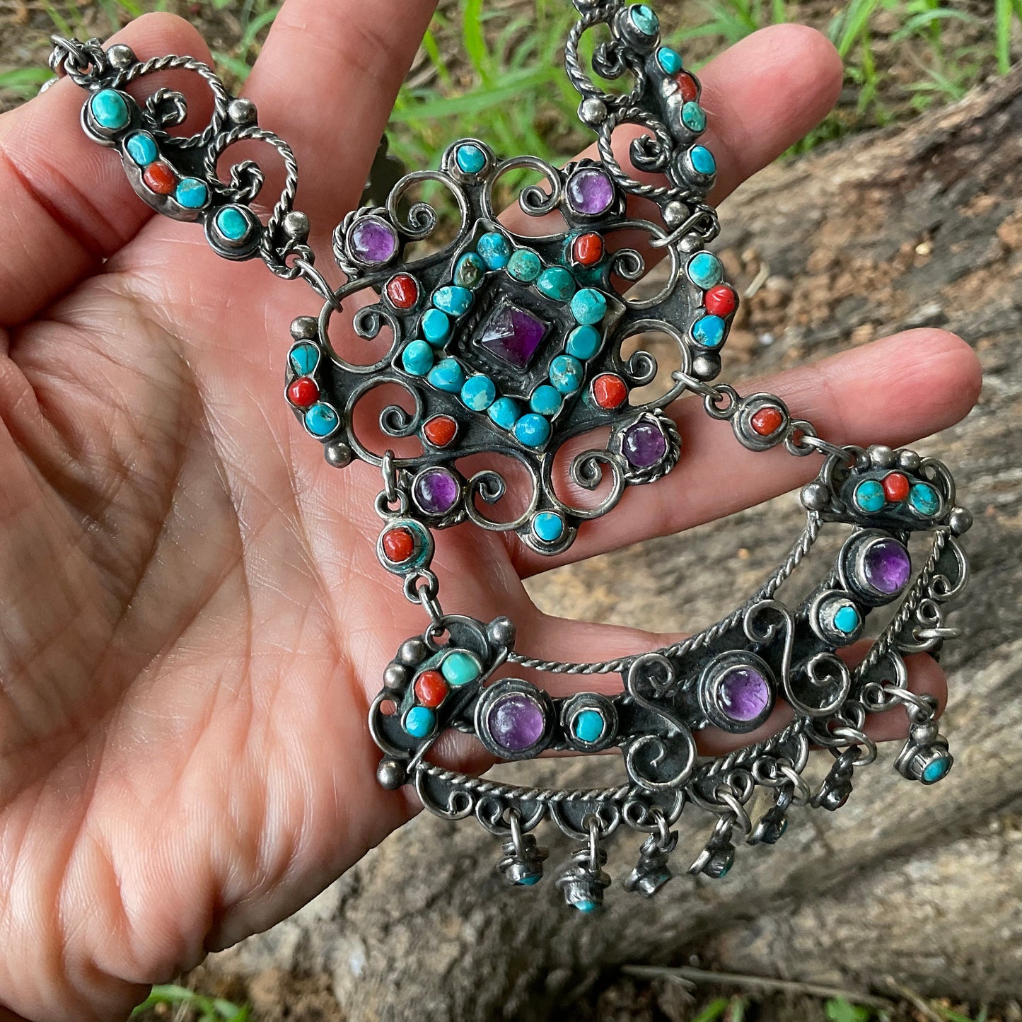 Sterling silver statement Turquoise coral amethyst vintage necklace
