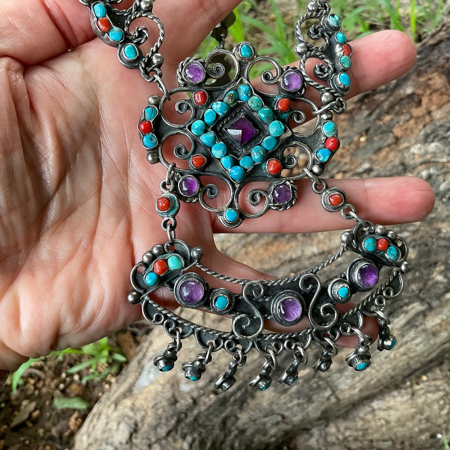 Sterling silver statement Turquoise coral amethyst vintage necklace