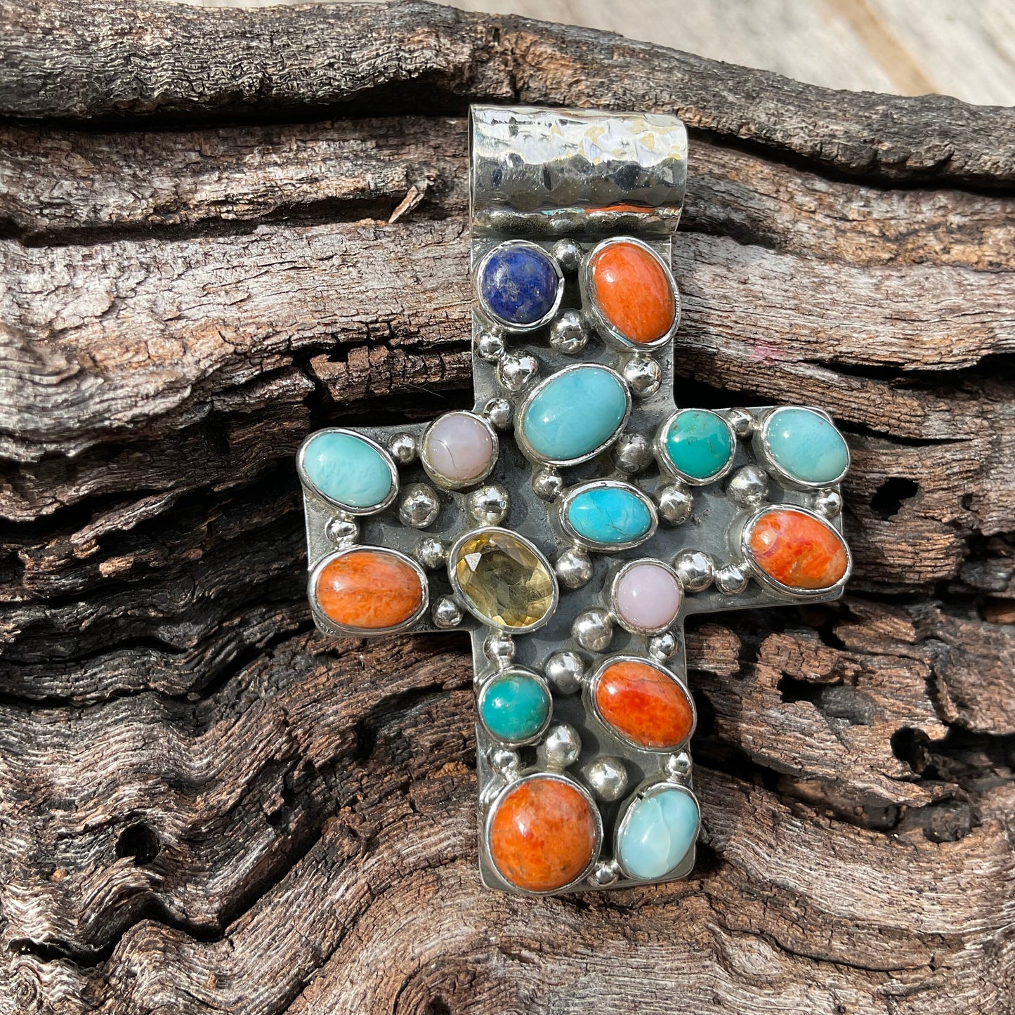 sterling silver natural coral turquoise lapis lazuli cross Pendant
