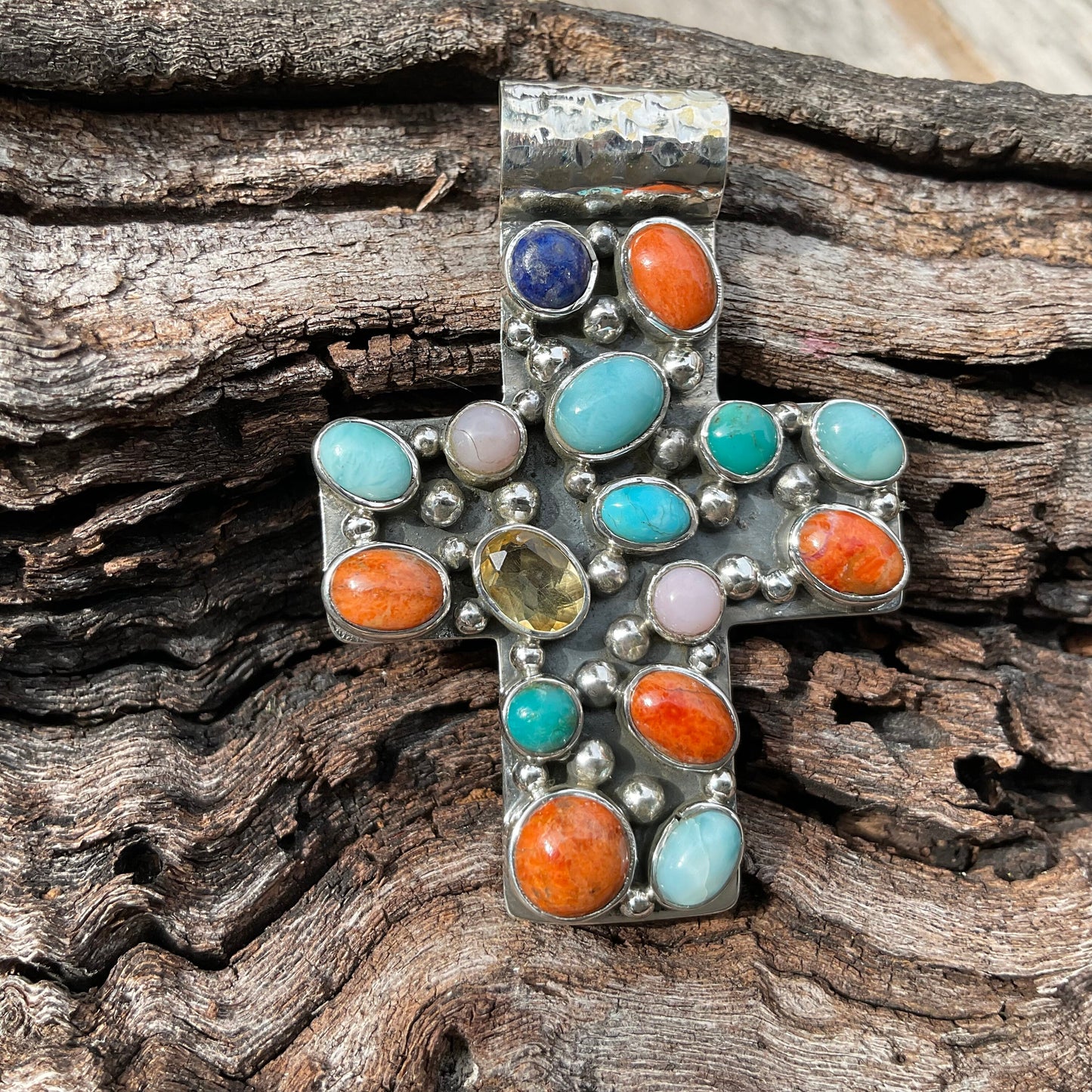sterling silver natural coral turquoise lapis lazuli cross Pendant