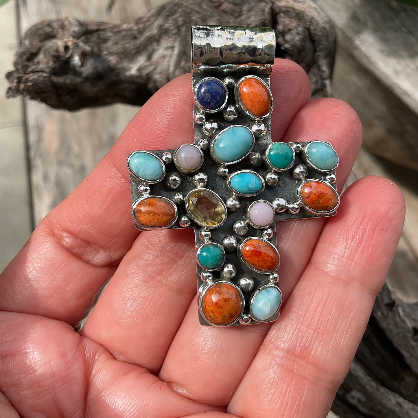 sterling silver natural coral turquoise lapis lazuli cross Pendant