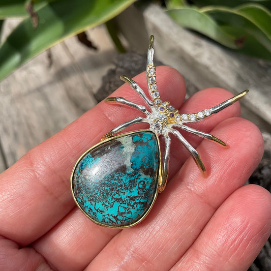 Handmade Sterling Silver modernist spider Brooch Pin turquoise