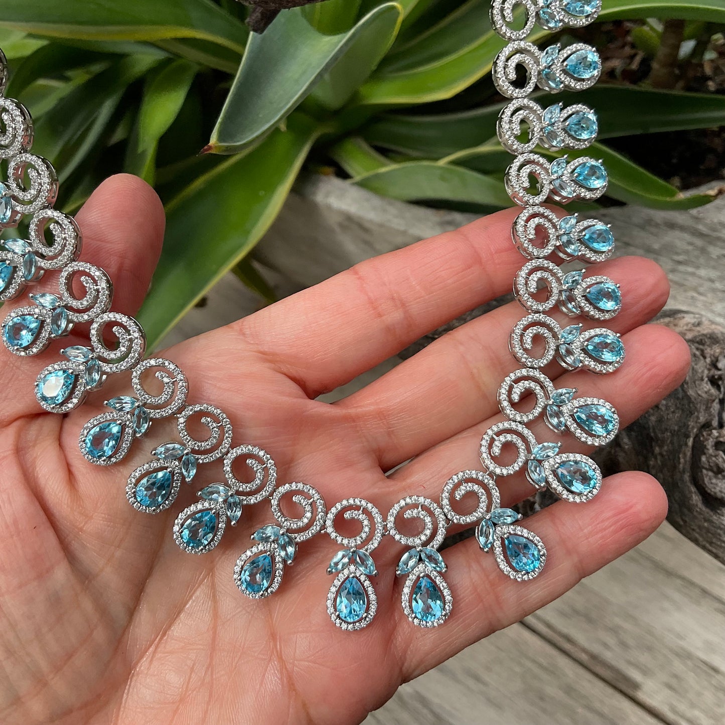 Swiss Blue topaz Statement Sterling Silver fancy Necklace