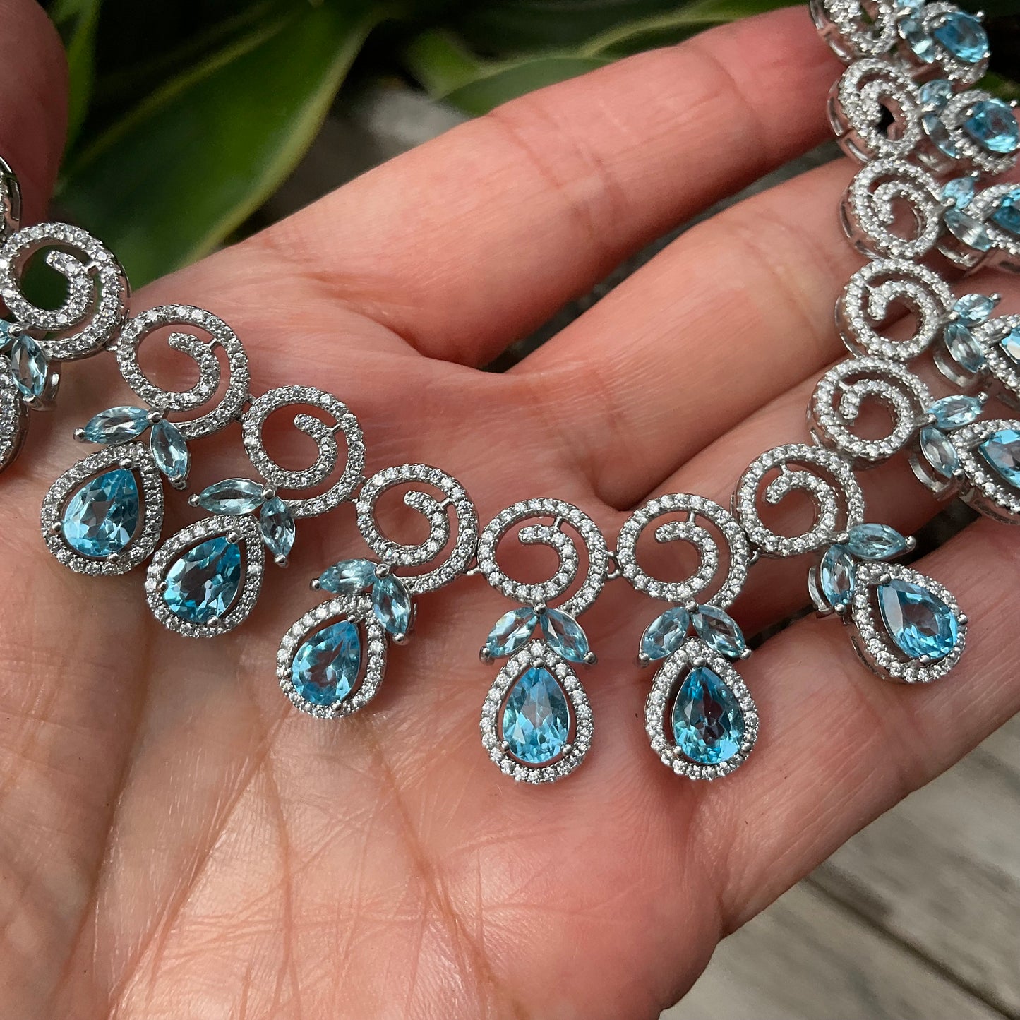 Swiss Blue topaz Statement Sterling Silver fancy Necklace
