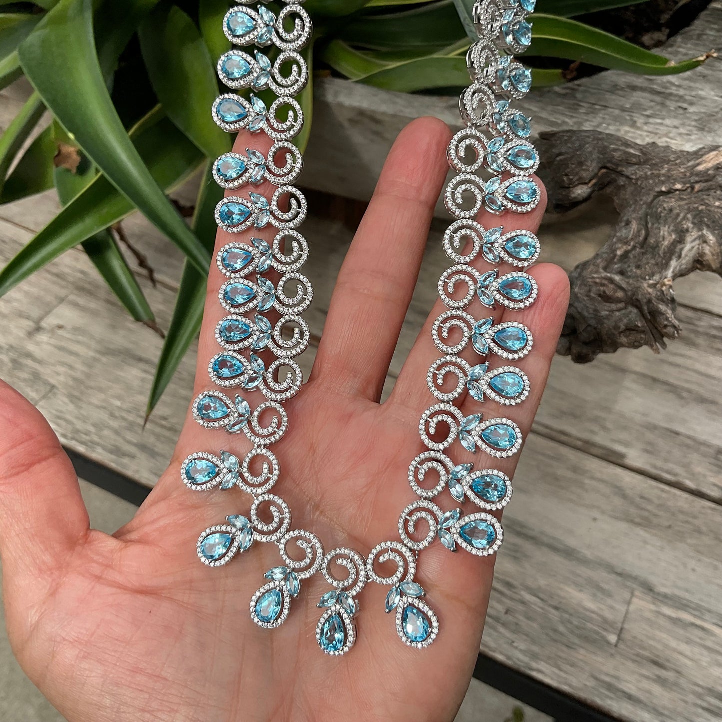 Swiss Blue topaz Statement Sterling Silver fancy Necklace