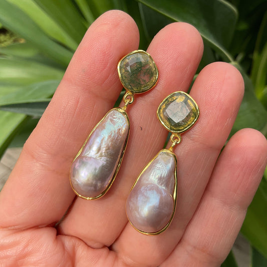 Sterling Silver natural blush baroque pearl moss gold  dangle post earrings