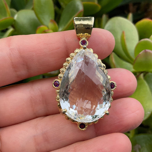 Sterling Silver pear shape Natural quartz gold  Pendant