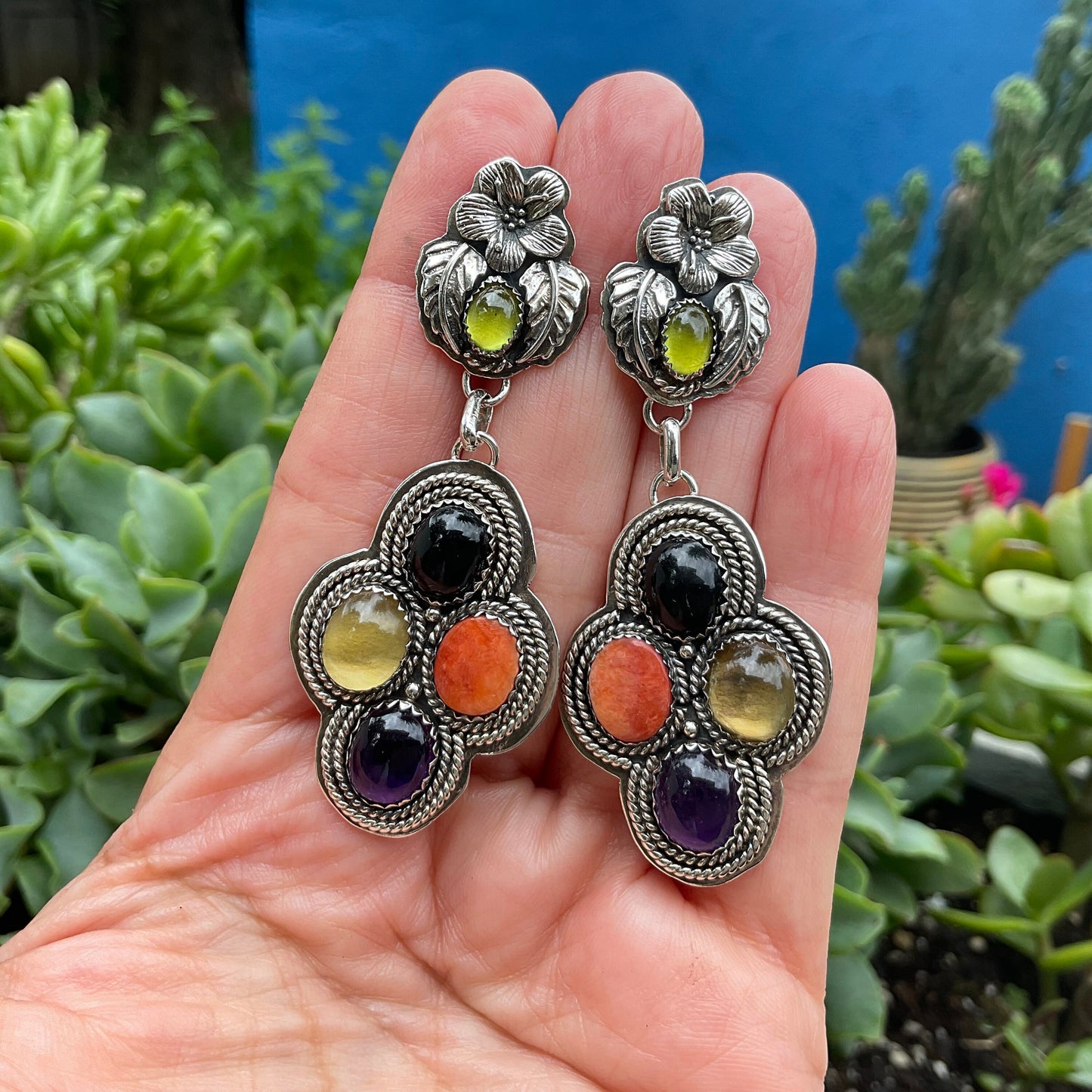 Sterling Silver spiny oyster amethyst onyx peridot vintage statement earrings