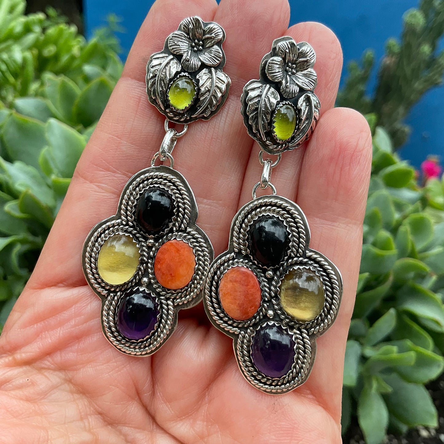 Sterling Silver spiny oyster amethyst onyx peridot vintage statement earrings