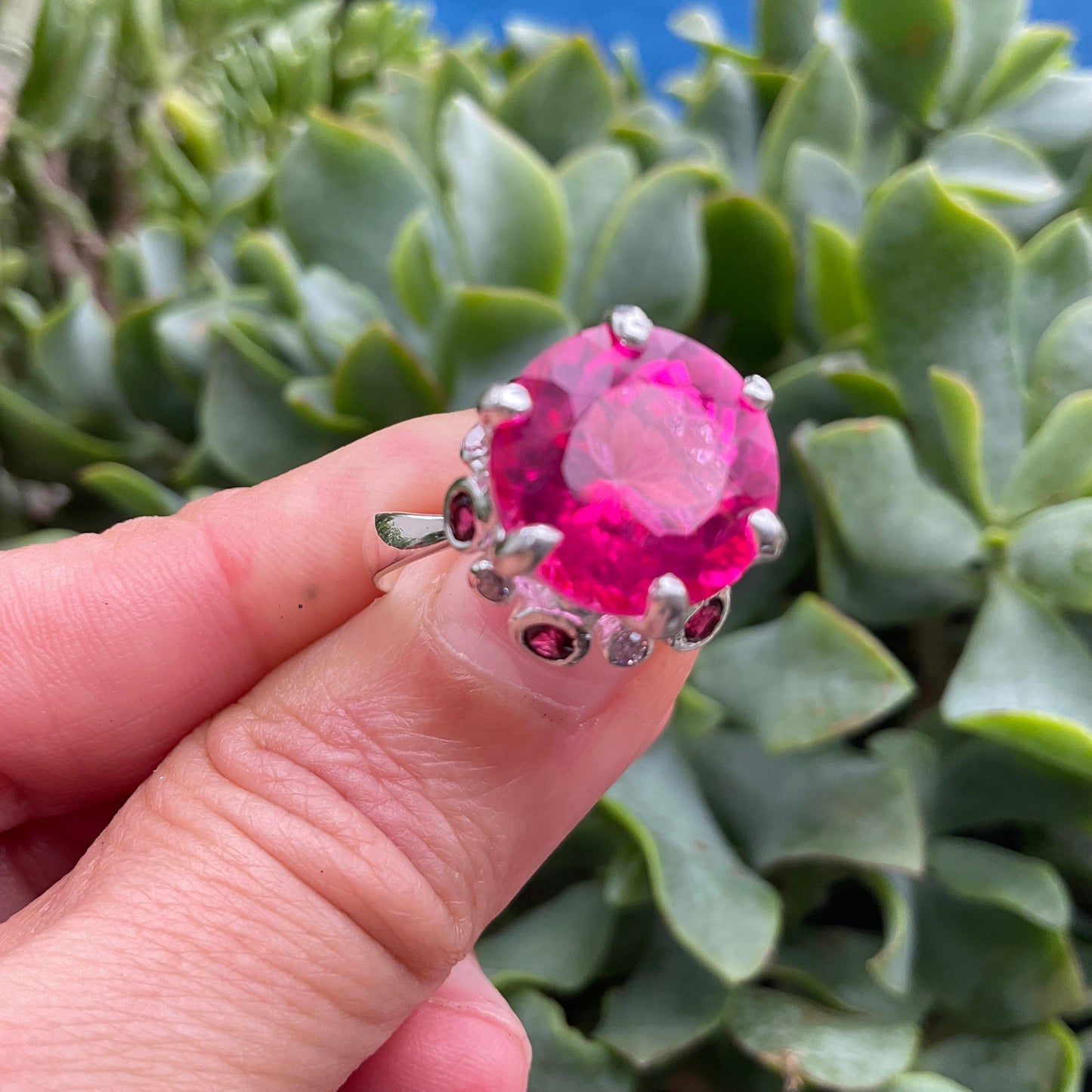 Sterling Silver pink topaz round Rhodolite ring 7