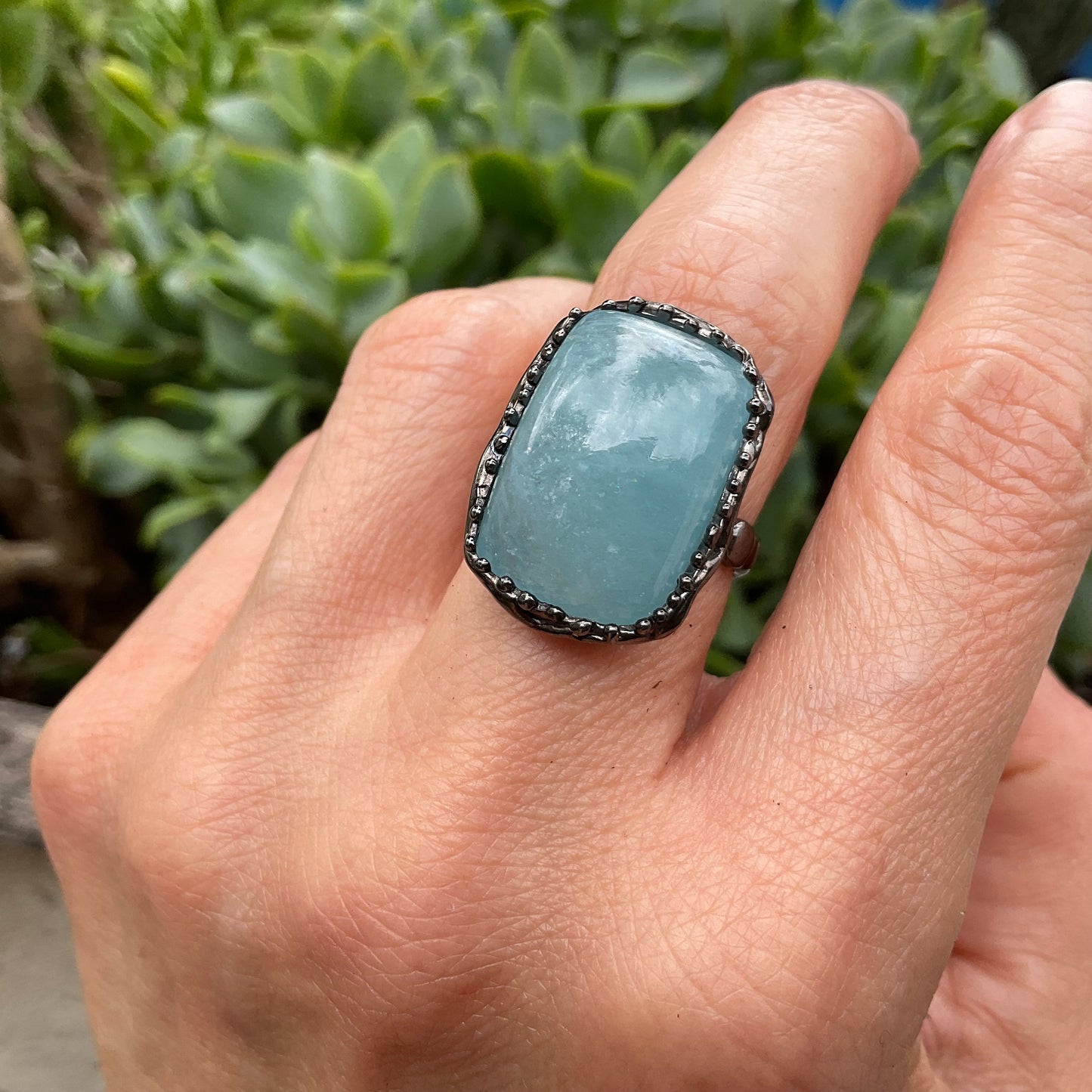 Sterling Silver rectangle Aquamarine Artisan ring 7.5