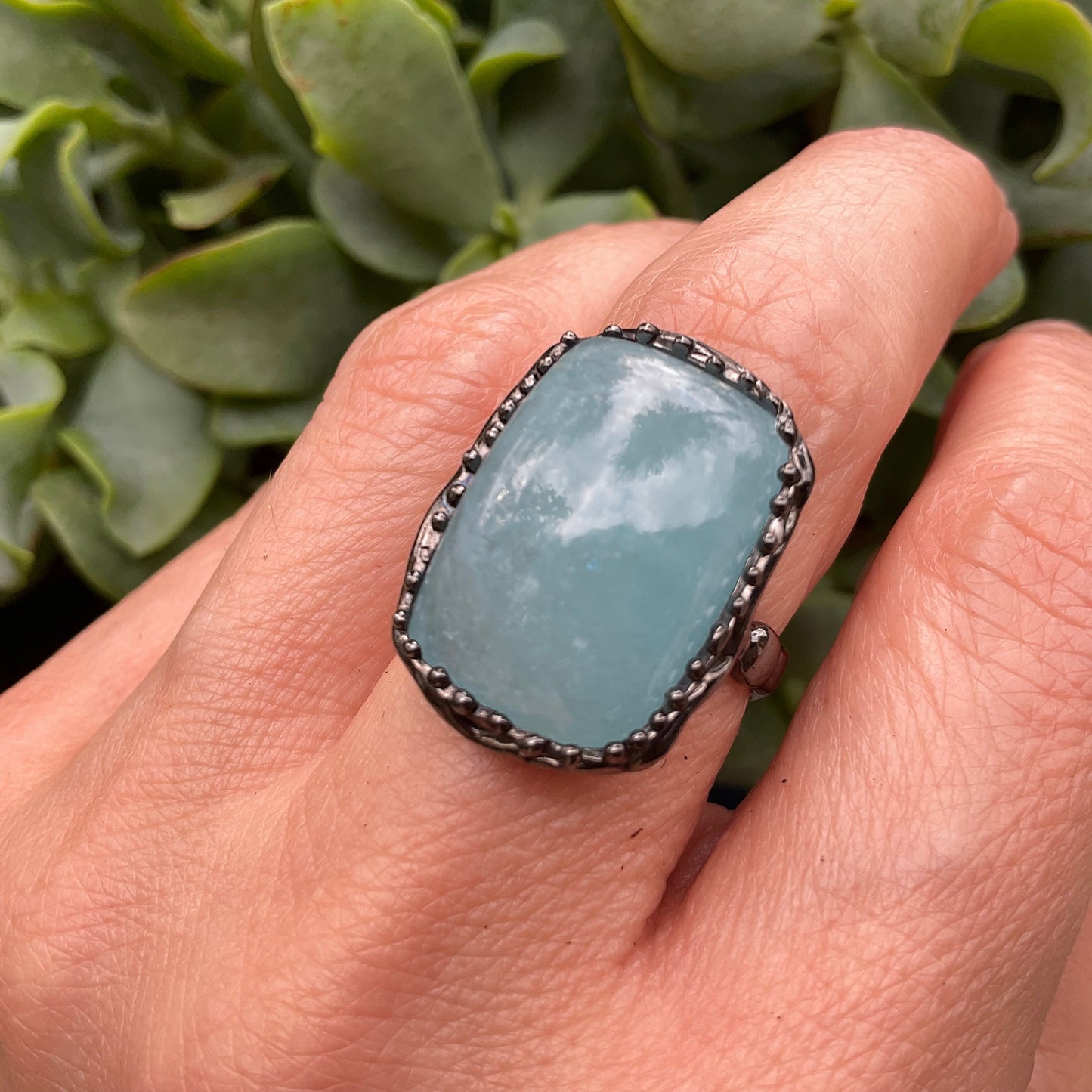 Sterling Silver rectangle Aquamarine Artisan ring 7.5