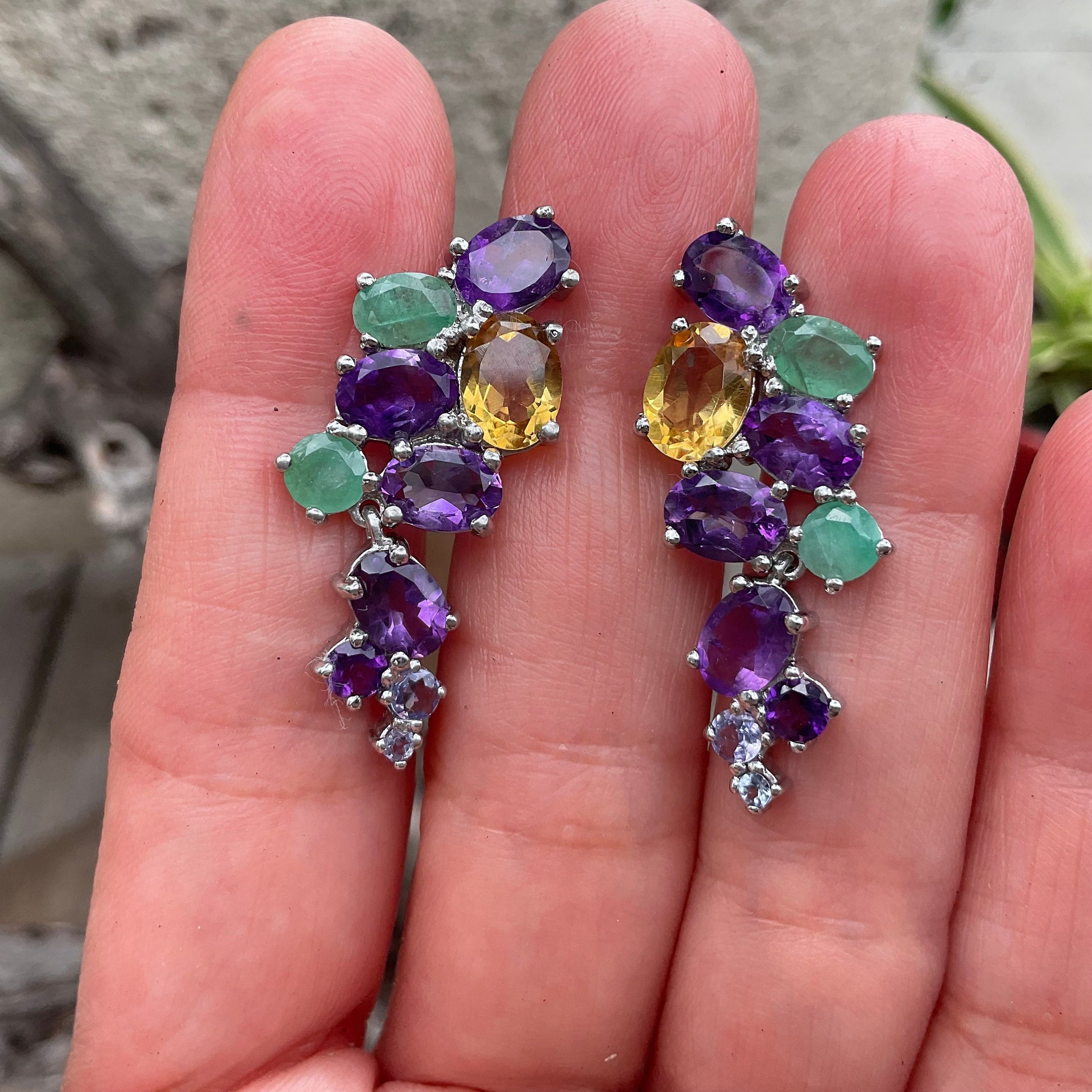 Sterling Silver amethyst tanzanite emerald dangle earrings