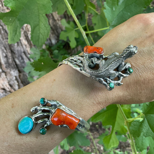 Turquoise Sterling Statement coral iguana twig cuff bracelet