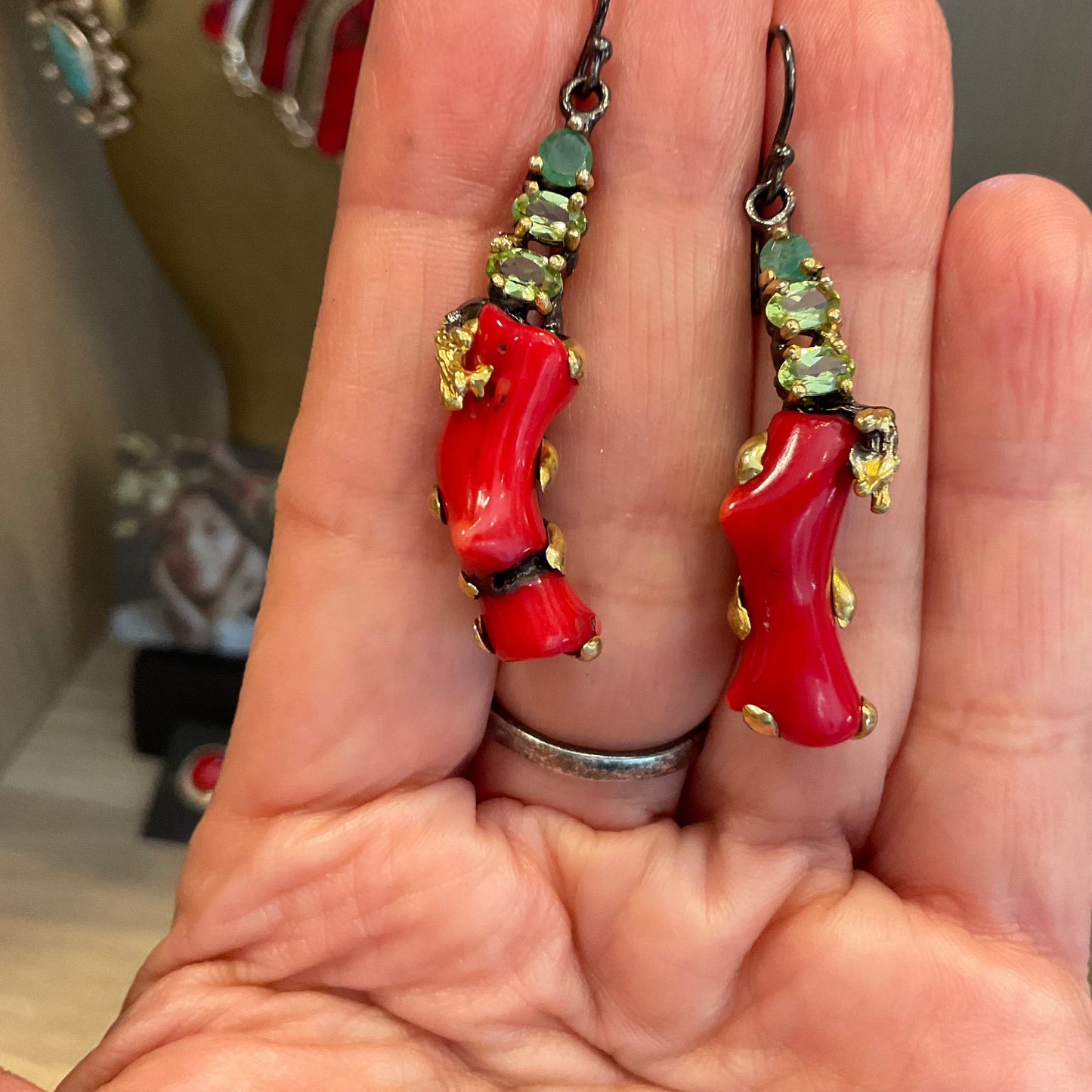 Emerald peridot Sterling Silver red coral dangle earrings
