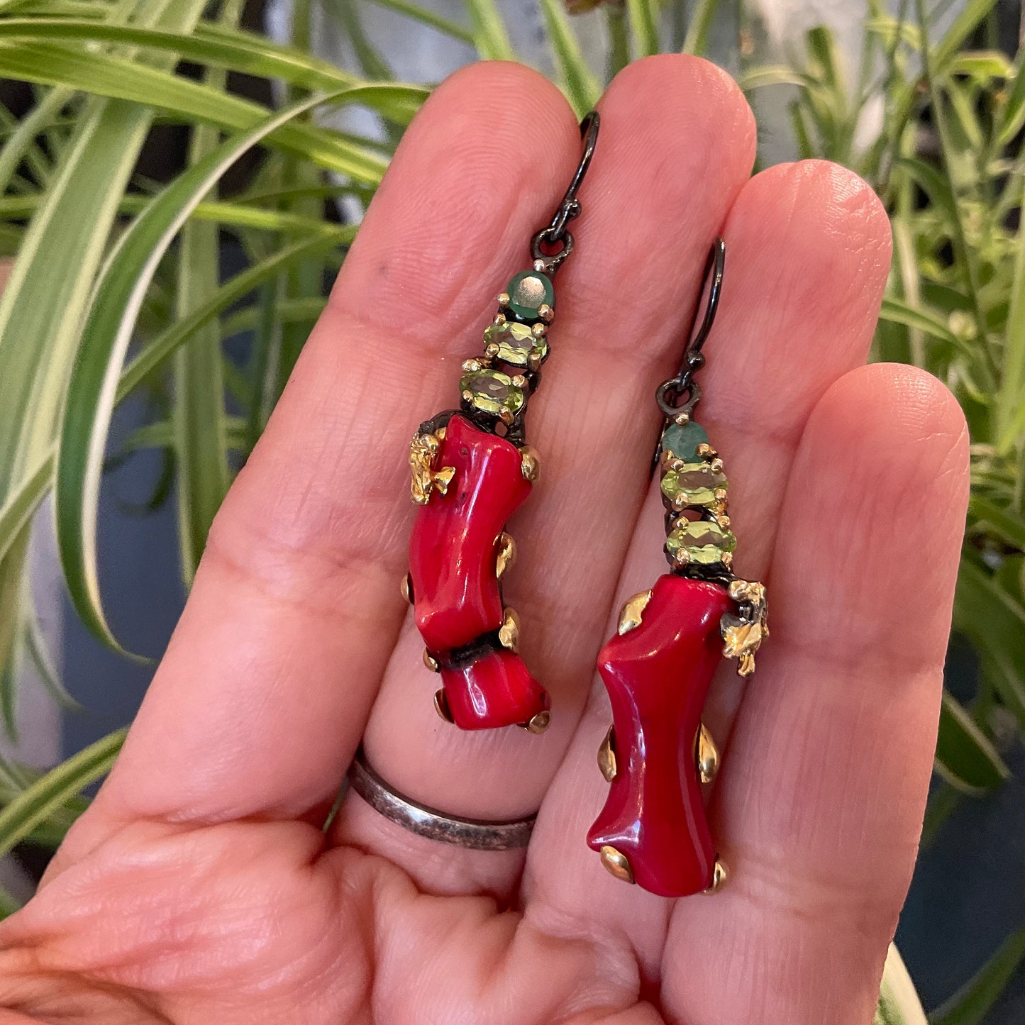 Emerald peridot Sterling Silver red coral dangle earrings