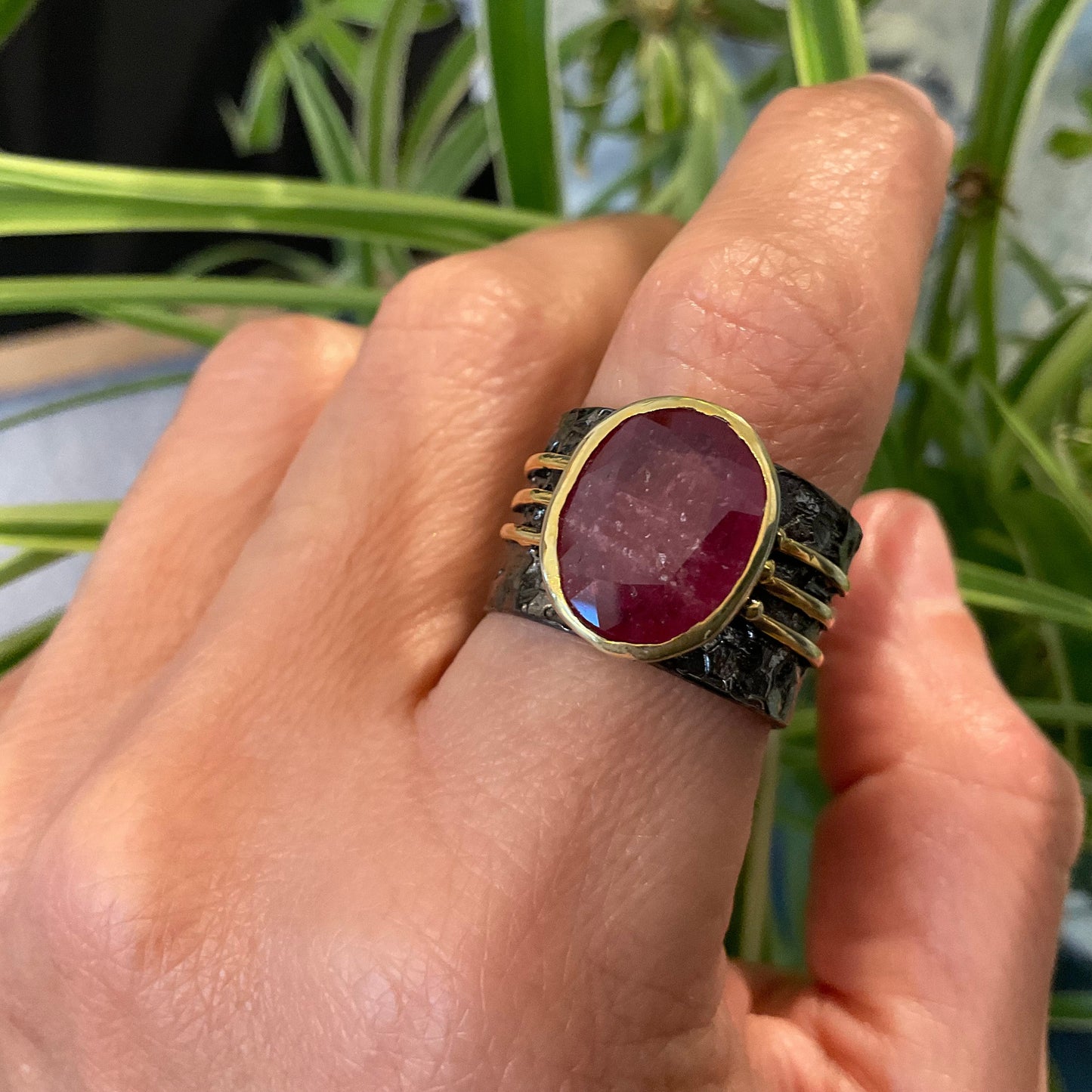 Sterling silver natural ruby wide band ring 9