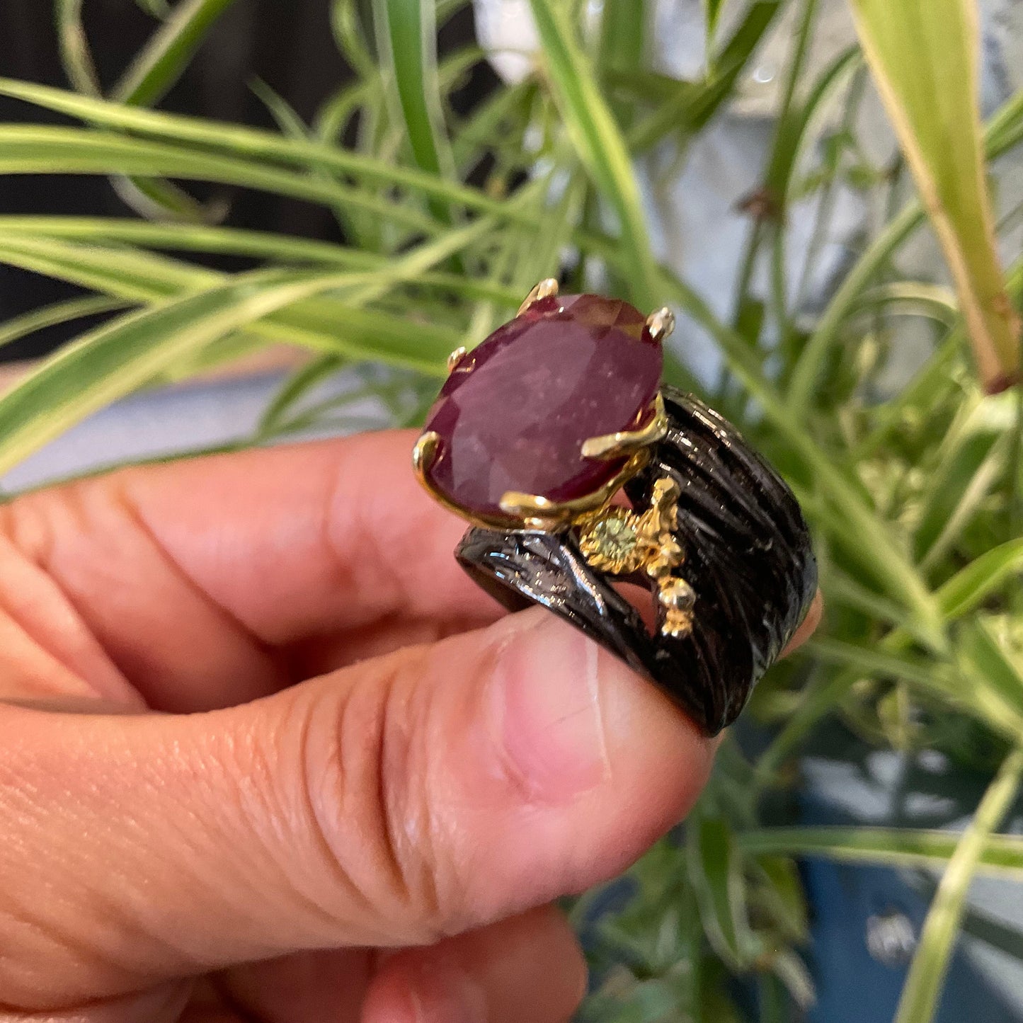 Sterling silver natural ruby peridot wide band ring 7.5