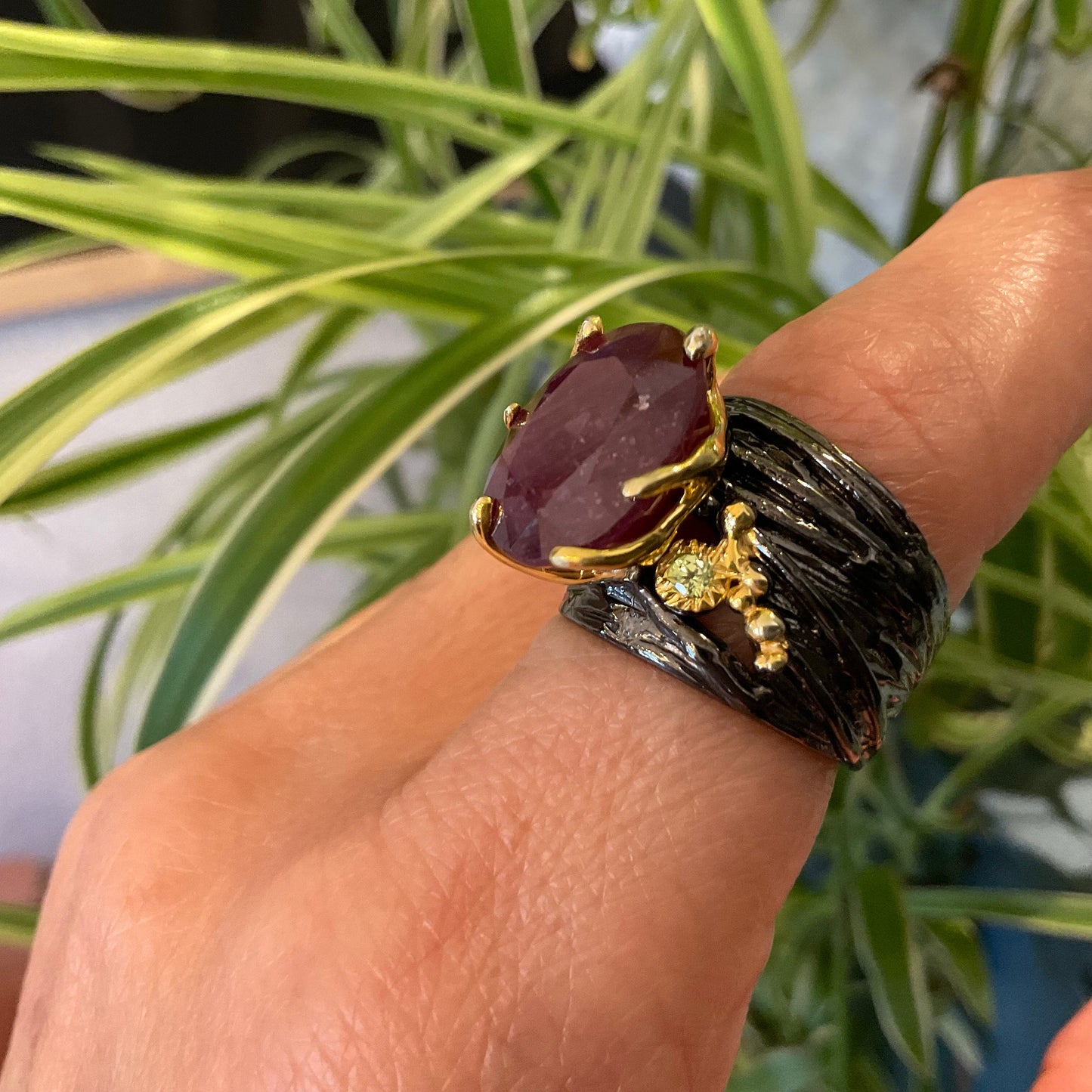 Sterling silver natural ruby peridot wide band ring 7.5