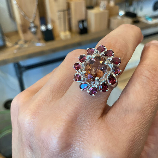 sterling Silver pink tourmaline Rhodolite Ring 7.5