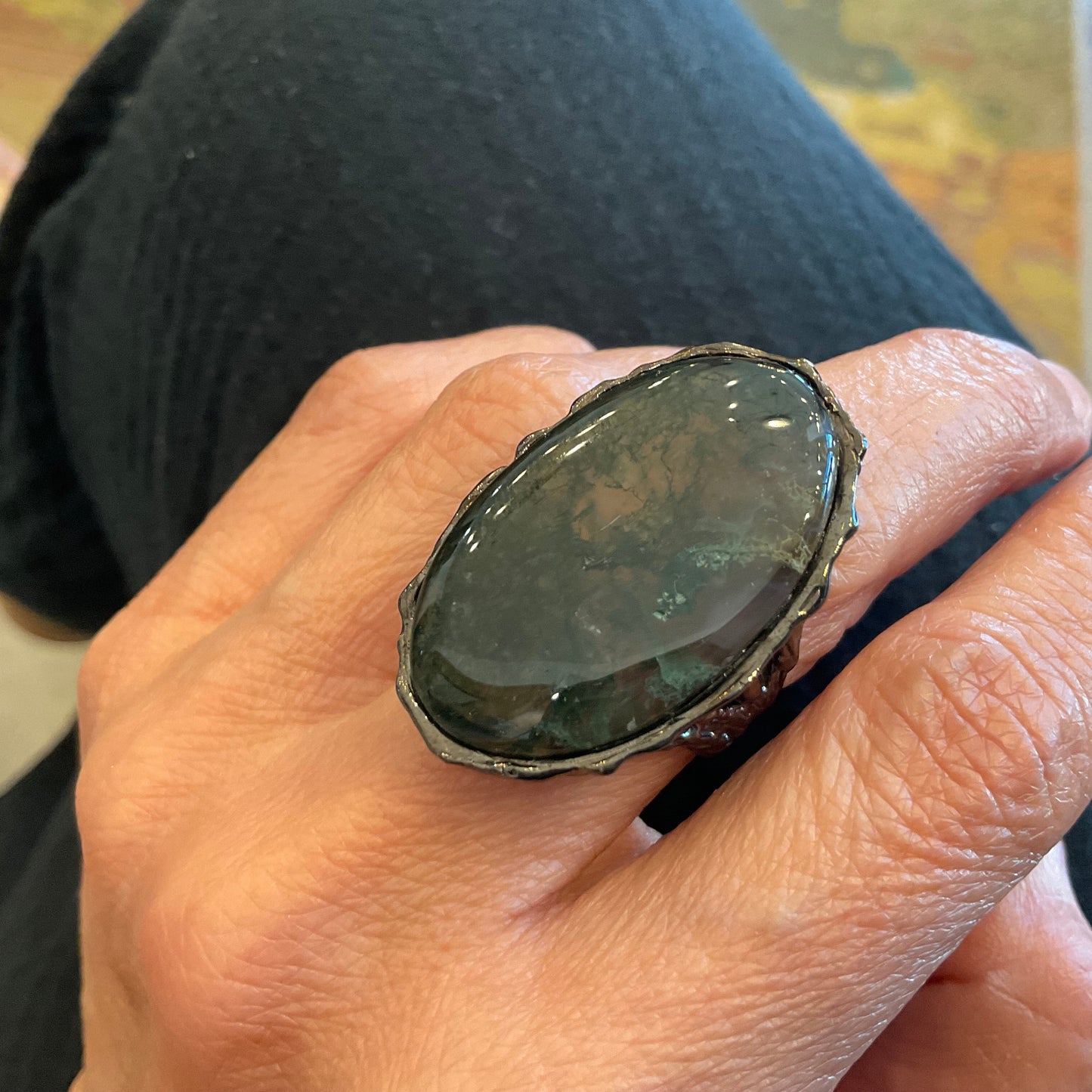 Handcrafted Sterling Silver Moss Agate Ring: Oversize Oval