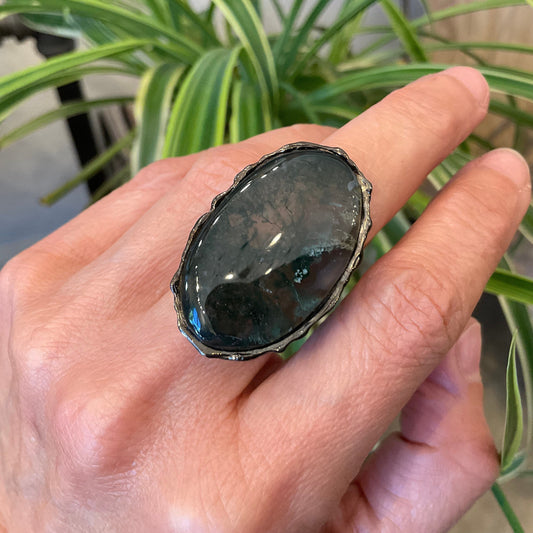Sterling silver moss agate oversize oval  ring 6.5 7 7.5