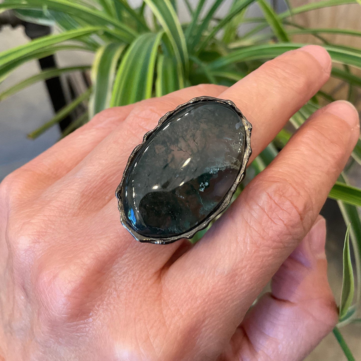 Handcrafted Sterling Silver Moss Agate Ring: Oversize Oval