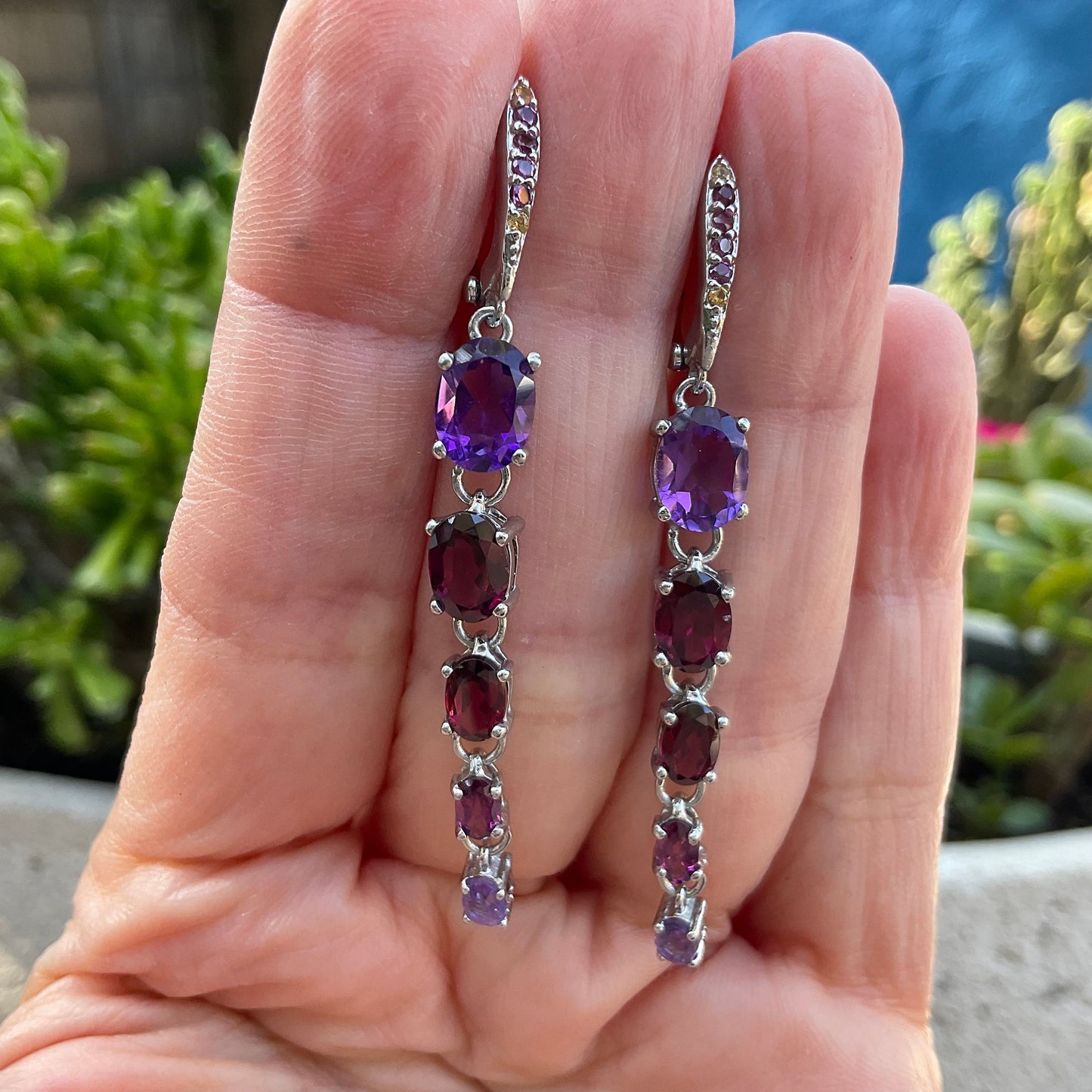 sterling Silver Amethyst Long Dangle red garnet Earrings