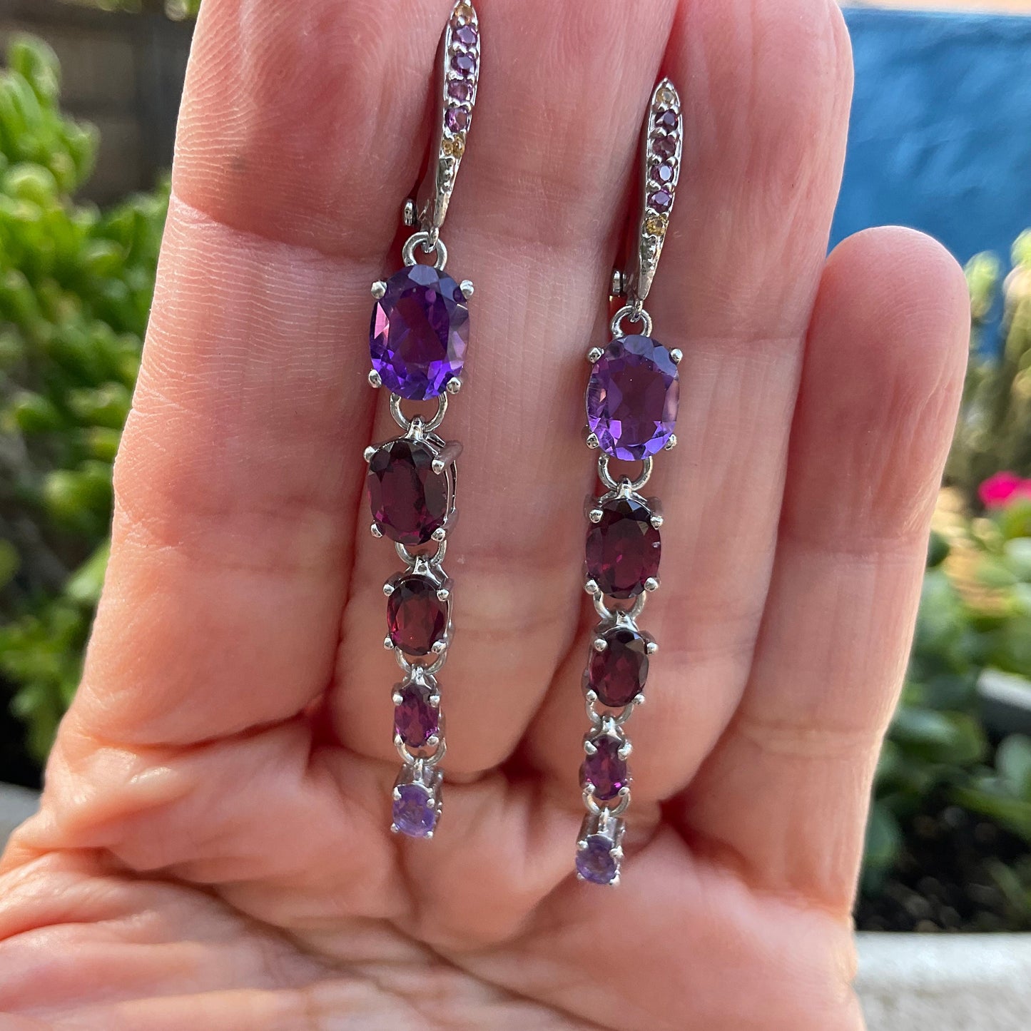 sterling Silver Amethyst Long Dangle red garnet Earrings