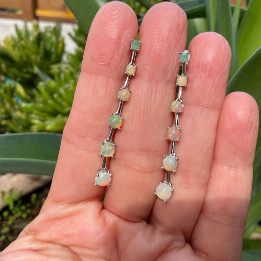 Sterling Silver Natural rainbow Opal Dangle emerald Earrings