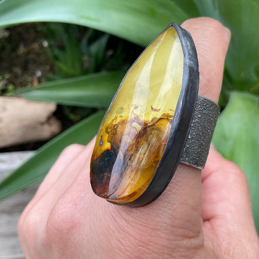 sterling silver Large Baltic amber Statement ring adjustable