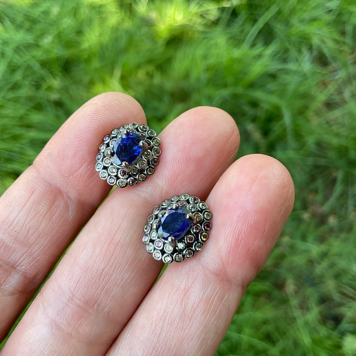 sterling silver blue sapphire multi color Stud earrings
