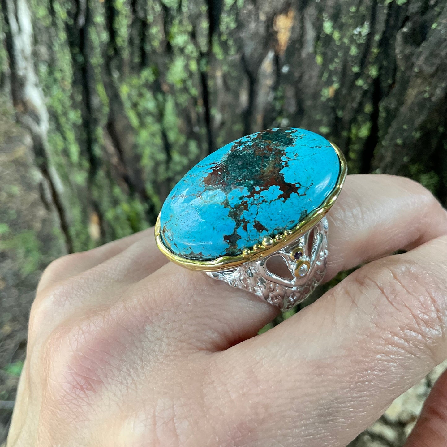 Sterling silver natural oval turquoise large statement ring 7