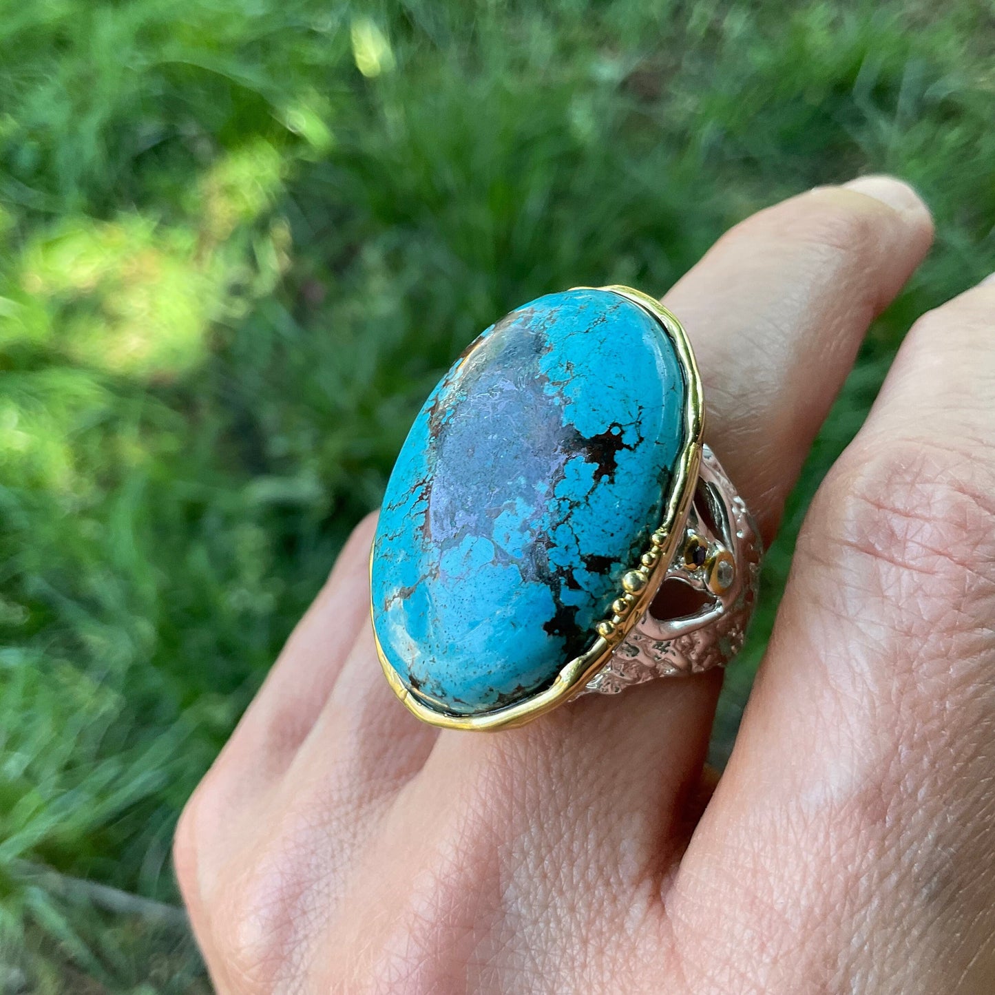 Sterling silver natural oval turquoise large statement ring 7