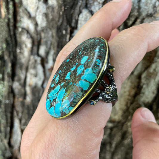 Sterling silver natural oval turquoise sapphire  oversized statement ring 8